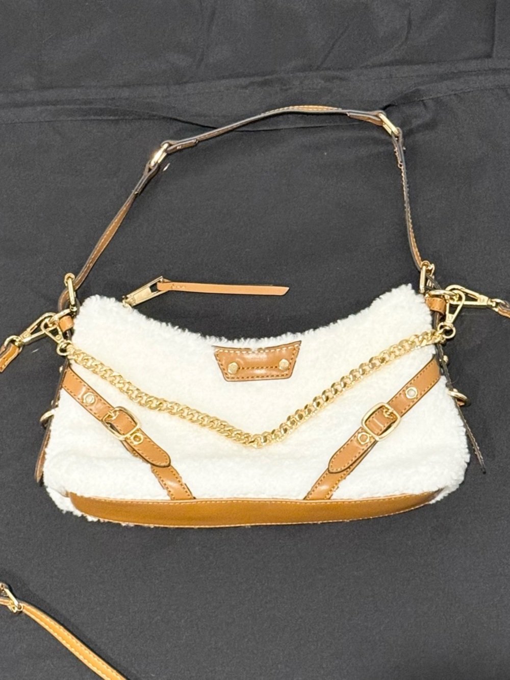 White Plush & Tan Leather Trim Purse